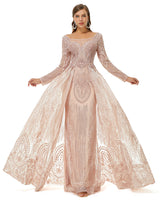 Ballbella Design | Champange Sparkle Beaded Long Sleeves Prom Dresses with Overskirt-Ballbella