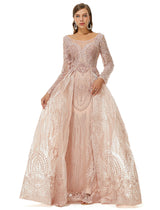 Ballbella Design | Champange Sparkle Beaded Long Sleeves Prom Dresses with Overskirt-Ballbella