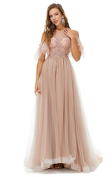 Ballbella Design | Sparkle Beaded Cool shoulder A-line Beaded Prom Dresses-Ballbella