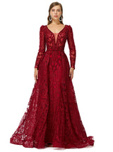 Ballbella Design | Sparkle Beaded Wine Red Long Sleeves Prom Dresses-Ballbella