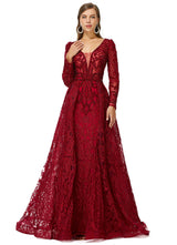 Ballbella Design | Sparkle Beaded Wine Red Long Sleeves Prom Dresses-Ballbella