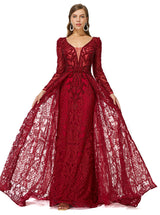 Ballbella Design | Sparkle Beaded Wine Red Long Sleeves Prom Dresses-Ballbella