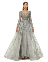 Ballbella Design | Sparkle Dusty Blue Beaded Mermaid Long sleeves Prom Dresses with Overskirt-Ballbella