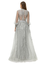 Ballbella Design | Sparkle Gray Beaded Mermaid Long sleeves Prom Dresses with Overskirt-Ballbella