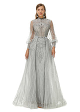 Ballbella Design | Sparkle Gray Beaded Mermaid Long sleeves Prom Dresses with Overskirt-Ballbella