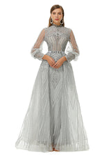 Ballbella Design | Sparkle Gray Beaded Mermaid Long sleeves Prom Dresses with Overskirt-Ballbella