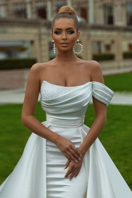Ballbella Designer Satin Sleeveless Sequined Wedding Dress with Slit Off-The-Shoulder Ballbella Designer Satin Sleeveless Sequined Wedding Dress with Slit Off-The-Shoulder