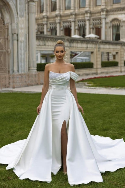 Ballbella Designer Satin Sleeveless Sequined Wedding Dress with Slit Off-The-Shoulder Ballbella Designer Satin Sleeveless Sequined Wedding Dress with Slit Off-The-Shoulder