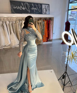 Ballbella Dusty Blue Long Sleeves Prom Dress Mermaid With Sequins High Neck-Ballbella