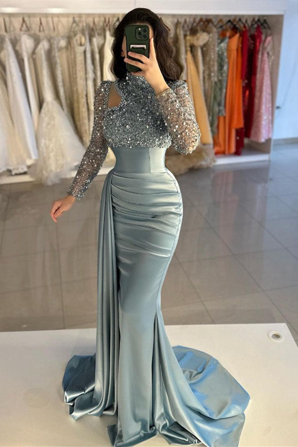 Ballbella Dusty Blue Long Sleeves Prom Dress Mermaid With Sequins High Neck Ballbella Dusty Blue Long Sleeves Prom Dress Mermaid With Sequins High Neck