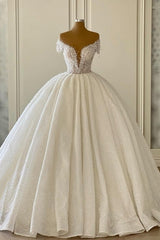 Ballbella Elegant Modern V-neck Wedding Gowns With Glitter Off-the-shoulder-Ballbella