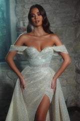 Ballbella Elegant Sleeveless Glitter Wedding Gowns With Split off-the-shoulder-Ballbella