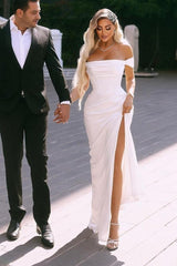 Ballbella Elegant Slit Front Off-The-Shoulder Stain Short Sleeves Long Evening Dress with Ruffles-Ballbella