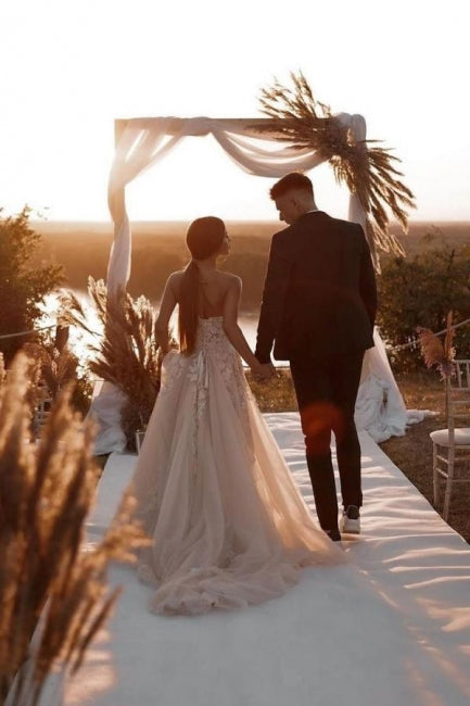 champagne colored wedding dress Rustic Flowy Prom Long Dress while the charming bows on the shoulders add a touch of playfulness and sophistication Ballbella Fabulous Champagne Tulle Wedding