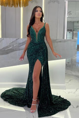 Ballbella Long Dark Green Straps Sweetheart Column Slit Front Evening Dress with Sequins-Ballbella