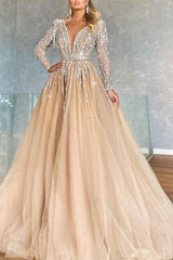 Ballbella Luxurious V-neck Ball Gown Prom Dresses With Beads Long Sleeves-Ballbella