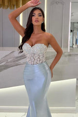 Ballbella Mermaid Sky Blue Stain Sleeveless Sweetheart Long Prom Dress with Beadings-Ballbella