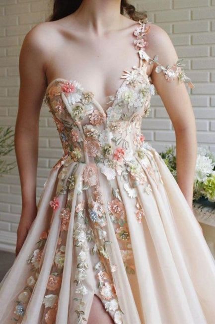 Ballbella Modern One Shoulder Flowers Prom Dress With Slit Long Ballbella Modern One Shoulder Flowers Prom Dress With Slit Long