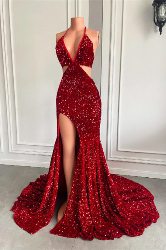 Ballbella Red Sequins Prom Dress High Slit Halter Ballbella Red Sequins Prom Dress High Slit Halter
