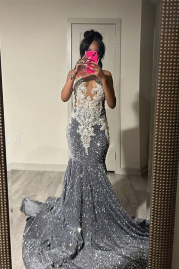 slim fit dress slacks Ballbella Silver Grey Sequins Prom Dress Mermaid with Beads
