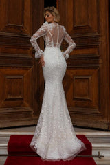Ballbella Sparkly V-neck Lace Wedding Gowns With Long Sleeves Long Mermaid-Ballbella