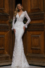 Ballbella Sparkly V-neck Lace Wedding Gowns With Long Sleeves Long Mermaid-Ballbella