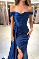 Ballbella Stain Royal Blue Sweetheart Slit Front Off-the-Shoulder Strapless Evening Dress with Ruffles-Ballbella