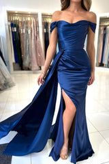 Ballbella Stain Royal Blue Sweetheart Slit Front Off-the-Shoulder Strapless Evening Dress with Ruffles-Ballbella