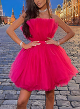 Barbie Pink A-Line Sleeveless Short/Mini Tulle Homecoming Dresses-Ballbella