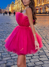 Barbie Pink A-Line Sleeveless Short/Mini Tulle Homecoming Dresses-Ballbella