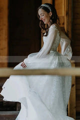 Bateau Tulle A Line Lace Long Sleevess Chapel Train White Wedding Dresses-Ballbella