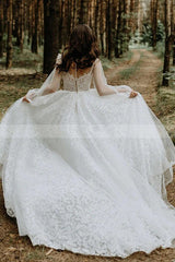 Bateau Tulle A Line Lace Long Sleevess Chapel Train White Wedding Dresses-Ballbella