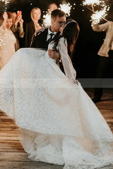 Bateau Tulle A Line Lace Long Sleevess Chapel Train White Wedding Dresses-Ballbella