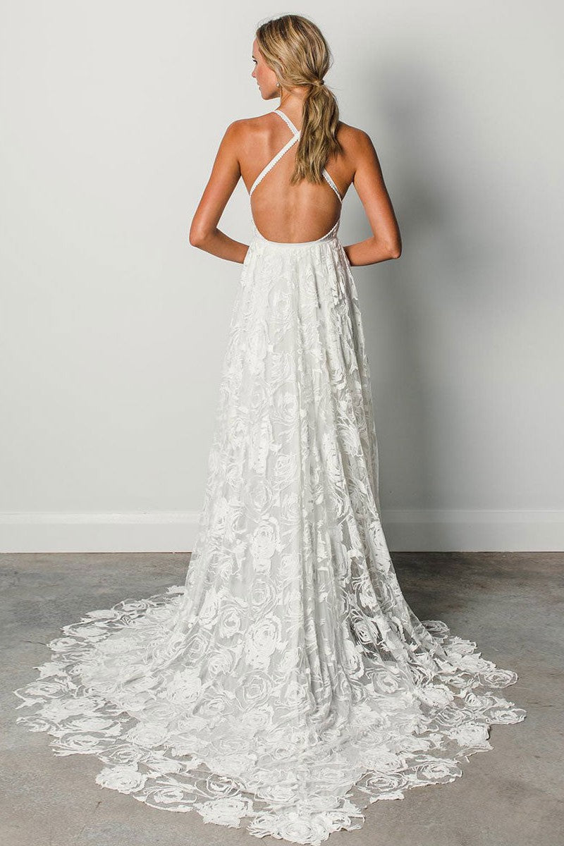 Beach Wedding Dress With Chapel Train White Chic V-Neck Sleeveless Sexy Backless Lace Split Long Bridal Gowns Beach Wedding Dress With Chapel Train White Chic V-Neck Sleeveless Sexy Backless Lace Split Long Bridal Gowns