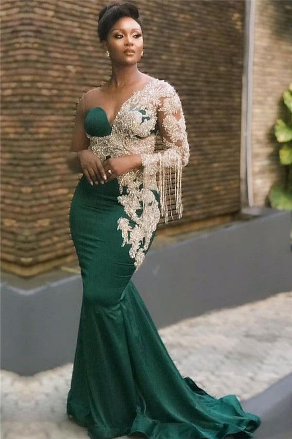 Mermaid Dress Green Long Gown With Sleeves Beaded Chiffon Green