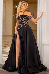 Beaded Moon and Night Black Sparkle Sequin High Split Evening Dress-Ballbella