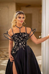 Beaded Moon and Night Black Sparkle Sequin High Split Evening Dress-Ballbella