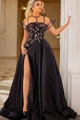Beaded Moon and Night Black Sparkle Sequin High Split Evening Dress-Ballbella