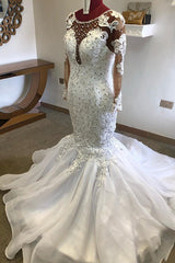 Beading Mermaid Sheer Tulle Wedding Dress Appliques Long Sleeves Bridal Dress-Ballbella