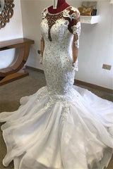 Beading Mermaid Sheer Tulle Wedding Dress Appliques Long Sleeves Bridal Dress-Ballbella