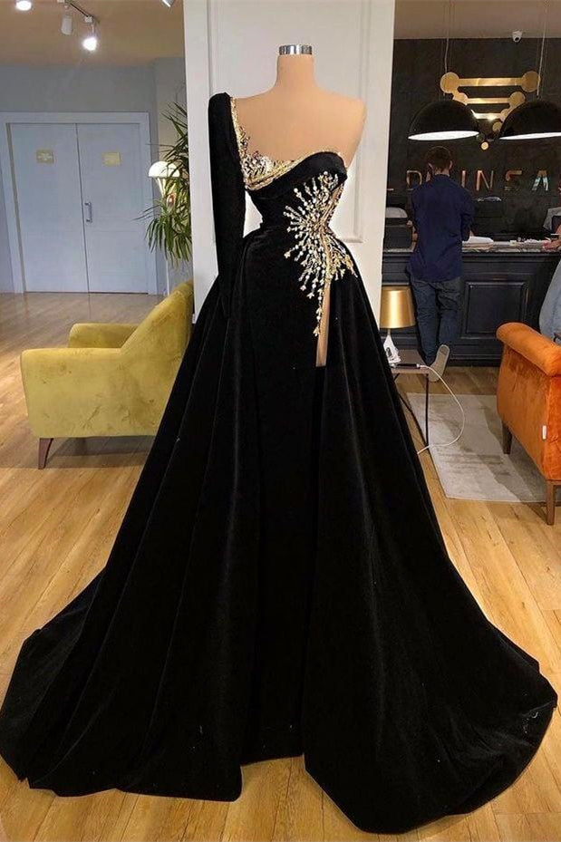 Beading Sweetheart A-line Black Prom Dress With One Sleeve Ballbella Beading Sweetheart A-line Black Prom Dress With One Sleeve Ballbella