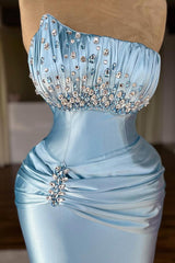 Beautiful Blue Strapless Sleeveless Satin Mermaid Prom Dresses Gem With Pleats-Ballbella