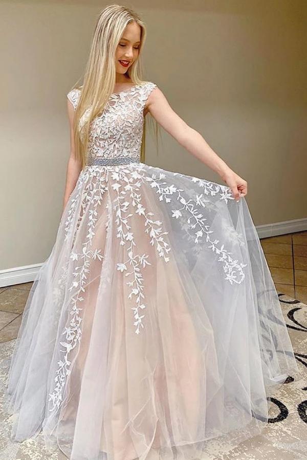 Beautiful Cap Sleeve Lace Prom Dress Long Tulle Evening Party