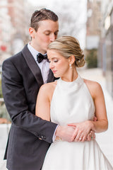 Beautiful Halter Satin Sleeveless Wedding Dresses A-Line Open Back With Buttons-Ballbella