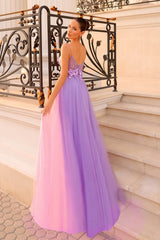 Beautiful Lilac Spaghetti-Strap Sleeveless Tulle Prom Dress A-Line With Zipper Flower-Ballbella