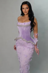 Beautiful Lilac Strapless Mermaid Prom Dress Column Gem With Flower Gloves-Ballbella