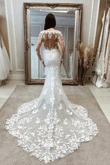 Beautiful Long White Mermaid Lace Wedding Dresses with Long Sleeves-Ballbella