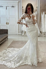 Beautiful Long White Mermaid Lace Wedding Dresses with Long Sleeves-Ballbella