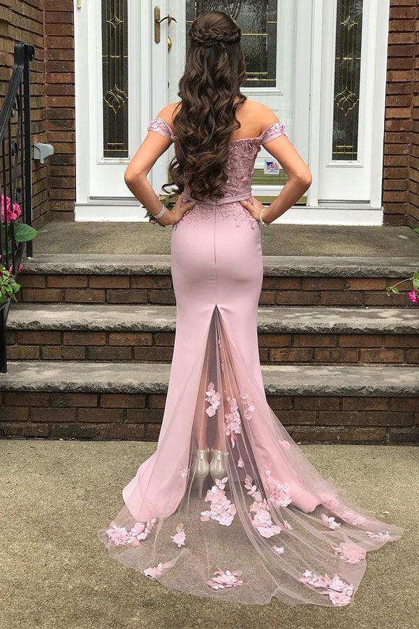 Beautiful Off-The-Shoulder Mermaid Lace Appliques Pearl Pink Bridesmaid Dress with Belt Beautiful Off-The-Shoulder Mermaid Lace Appliques Pearl Pink Bridesmaid Dress with Belt