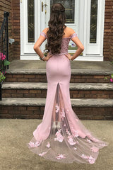 Beautiful Off-the-shoulder Mermaid Lace Appliques Pearl Pink Bridesmaid Dress with Belt-Ballbella